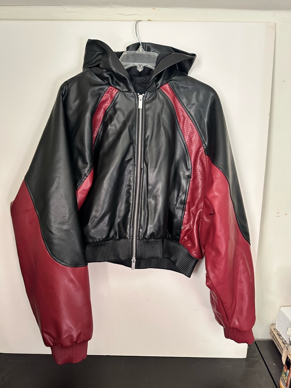Jordan Women's Flight Crop Faux Leather Hoodied Jacket in Black & Team Red~XL